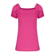 Women Plus Size T-Shirt Blouse Sawvnm Fashion Woman Causal Square Neck Solid Color Blouse Puff Short Sleeve T-Shirt Summer Tops for Women Hot Pink XL