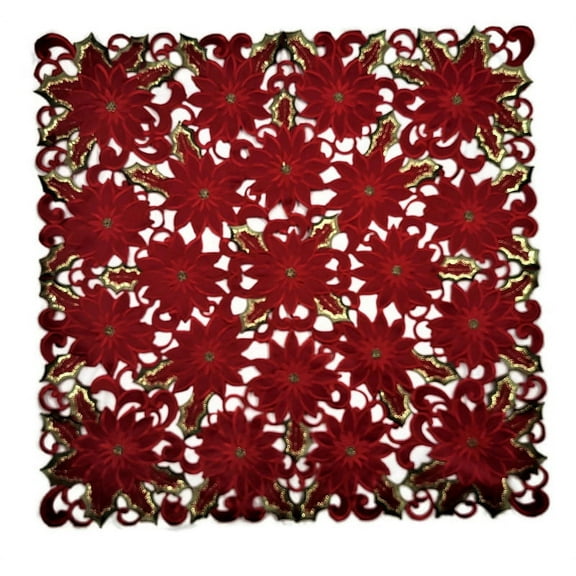 Doily Boutique Christmas Tablecloth or Table Topper Square Embroidered with Red Cutwork Poinsettias, Size 36 inches