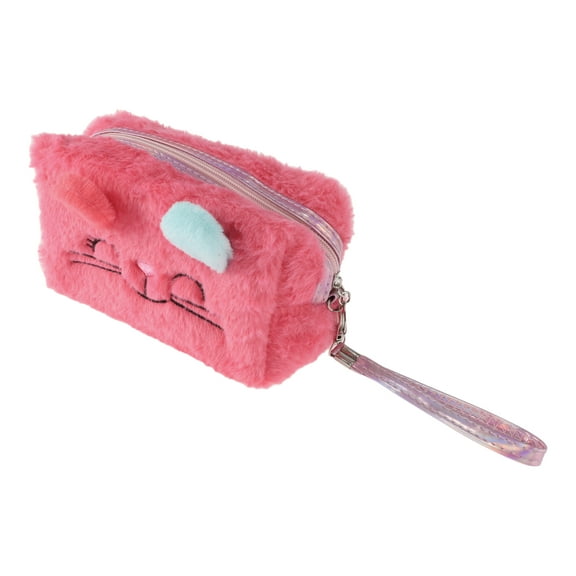 1 Pc Women Portable Cartoon Cat Makeup Bag for Travel Vacation Camping Rose Red Plush