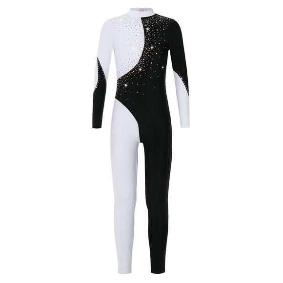 Lejafay Kids Girls Long Sleeve Unitard Gymnastics Ballet Leotard Bodysuit One Piece Full Body Leotard Dance Costumes Black&White 10