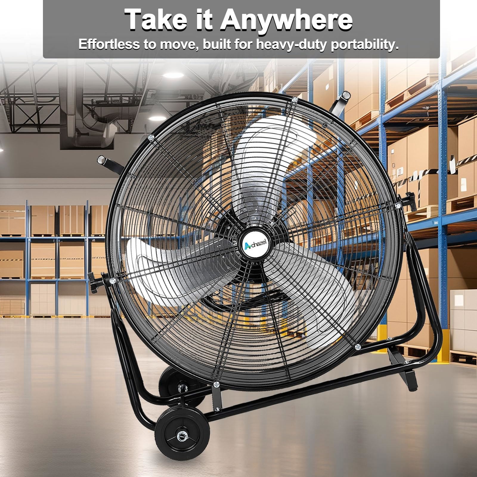 Achazel 24 Inch Industrial Drum Fan, 3-Speed Heavy Duty 8100 CFM Air Circulation High Velocity Floor Fan for Warehouse Workshops Garage Cooling Black