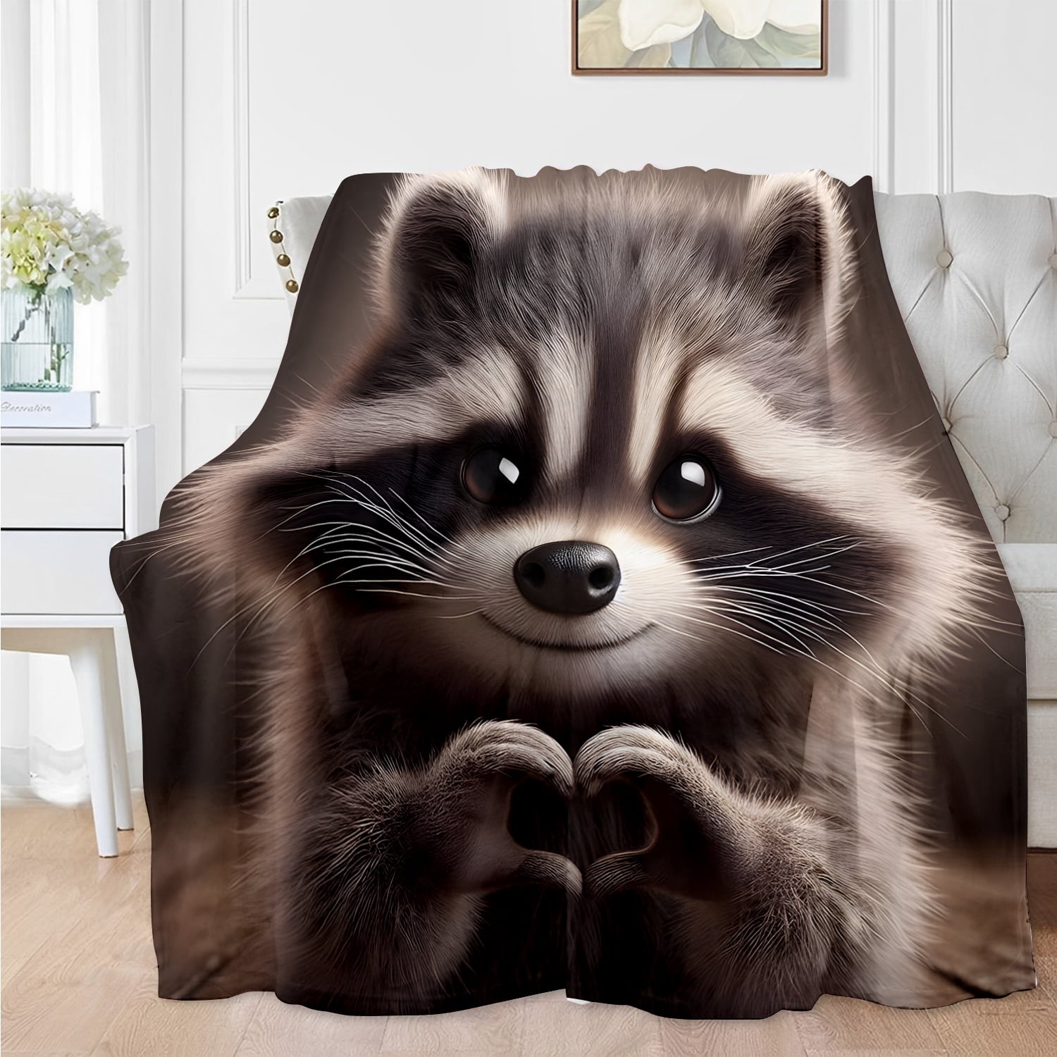 Super Soft Raccoon Heart Design Flannel Blanket - Cozy All-Season Throw for Sofa, Bed & Naps, Contemporary Style Mixed Colors