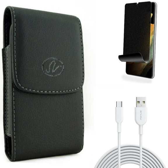 Privacy Screen Protector & 6ft USB-C Cable & Case Belt Clip for Samsung Galaxy S22 Plus (S22 ) - Combo TPU Film (Fingerprint) Anti-Peep & Type-C Fast Charger Cord & Leather Holster Cover