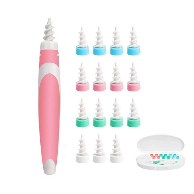 Ear Wax Remover, Q Grips Ear Wax Remover Rotating Ear Cleaner, 360 Degree Spiral Ear Spoon With 16 Washable Tips Safe And Soft Suitable For Children And Adults-Rosa