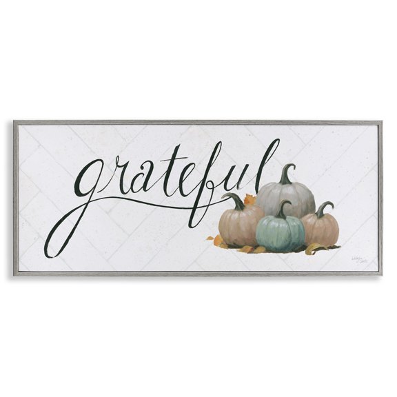 Stupell Industries Grateful with Pumpkins Typography Painting Gray Framed Art Prints Wall Art, 30 x 13