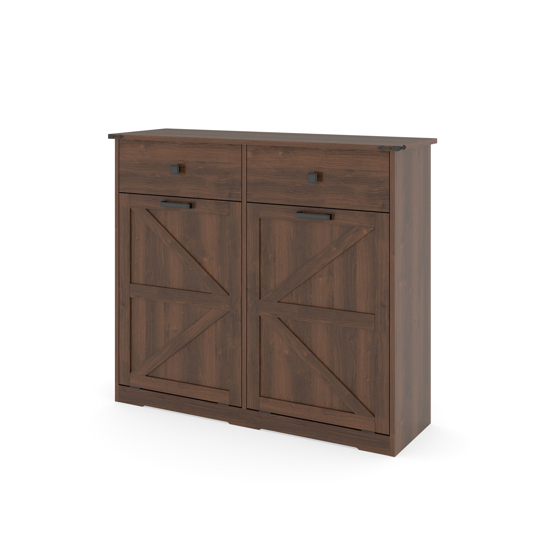 Noble House Farmhouse Double Tilt-Out Trash Cabinet with Drawers, Laundry Sorter Cabinet, Walnut