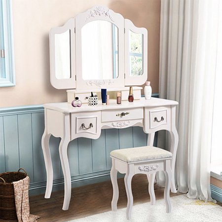vanity desk mirror table drawer zimtown wood makeup dressing stool tri folding