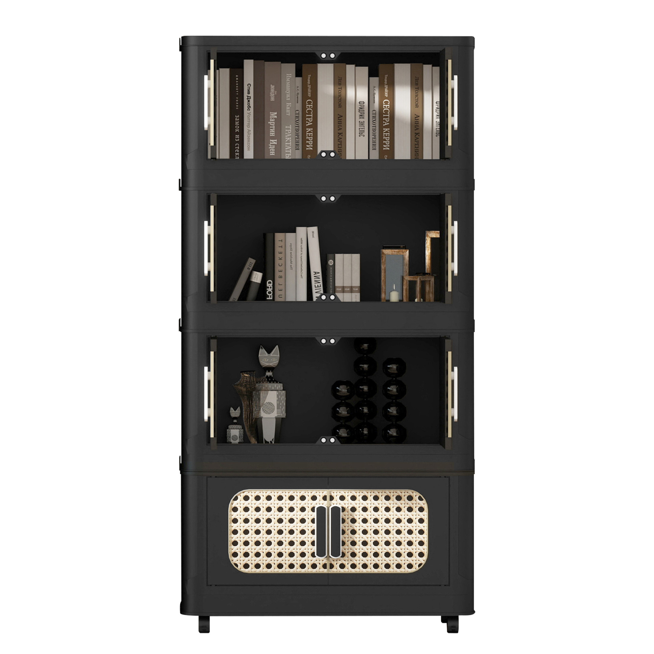 Noble House 20" Folding Plastic Storage Cabinet, 4-Tier Collapsible PP Bins, Magnetic Door with Wheels, Retro Black
