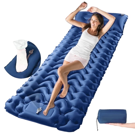 Aonhom Sleeping Pad, Ultralight Inflatable Sleeping Pad with Pillow Built-in Foot Pump Compact Camping Air Mattress for Backpacking, Hiking, Outdoors (Blue, Single)