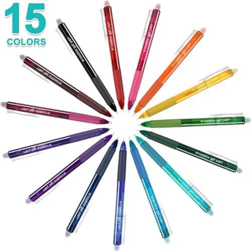 Erasable Gel Pens, 15 Colors Retractable Fine Point Erasable Pens Clicker, Assorted Color Inks, Make Mistakes Disappear for Drawing Writing Planner and Crossword Puzzles