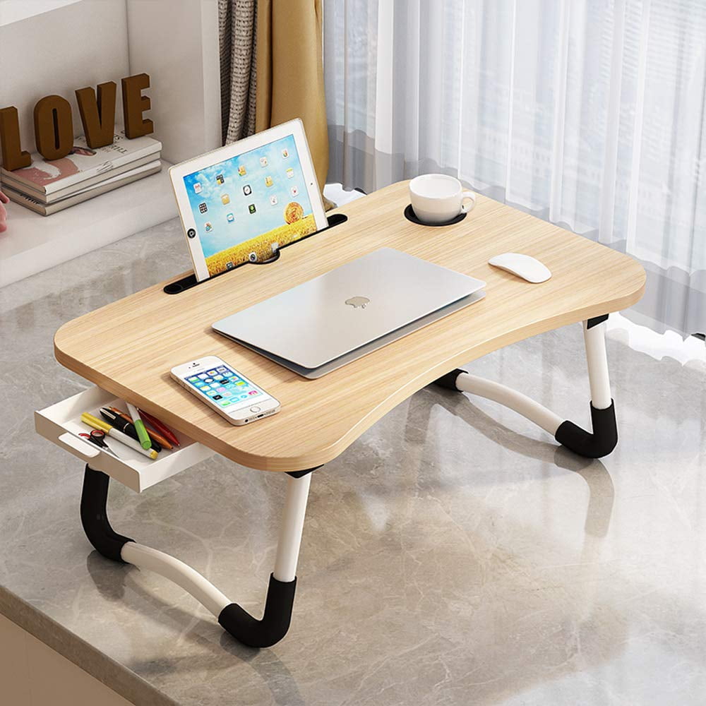 Lap Desk With Storage Drawer  Holders For Cup And Tablet Laptop Bed Tray Table Foldable Stand Portable Standing Sofa Couch Floor (23" Walnut)