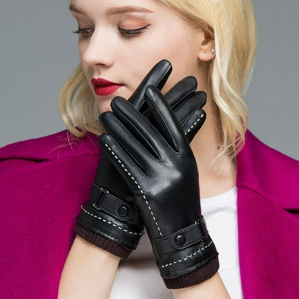 Guantes de cuero para mujer, otoño e invierno, además de terciopelo acolchado, cálidos guantes de piel de oveja de moda con pantalla táctil en U