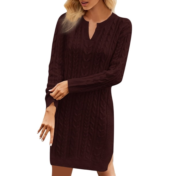 Vestido de punto de largo medio para mujer: diseño liso con abertura, estilo jersey, abrigado para el invierno (tallas S-XXL)