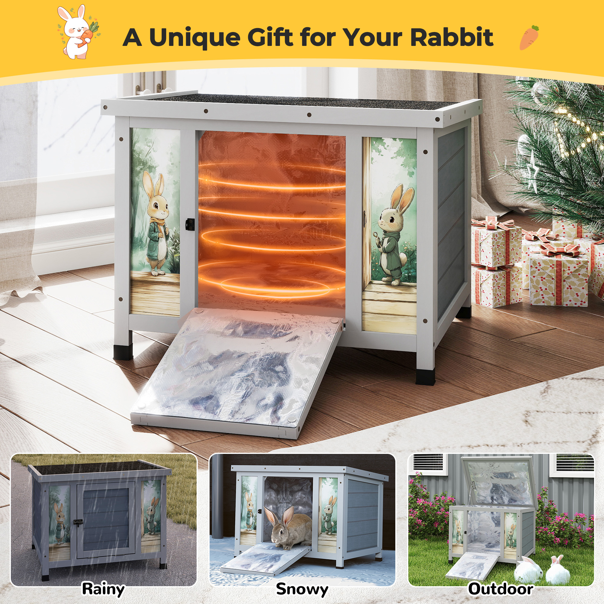 24'' Heated Small Rabbit Hutch for Winter, Cat House Outdoor Indoor with Warm Liner, Waterproof Structure, Suitable for Cats, Rabbits, Small Pets (Grey)