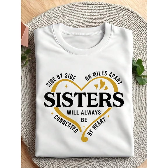 Women's Sisters Connected by Heart Graphic T-Shirt, Side by Side or Miles Apart Quote 100% Cotton Crew Neck Short Sleeve Tee, Thoughtful Gift for Sisters