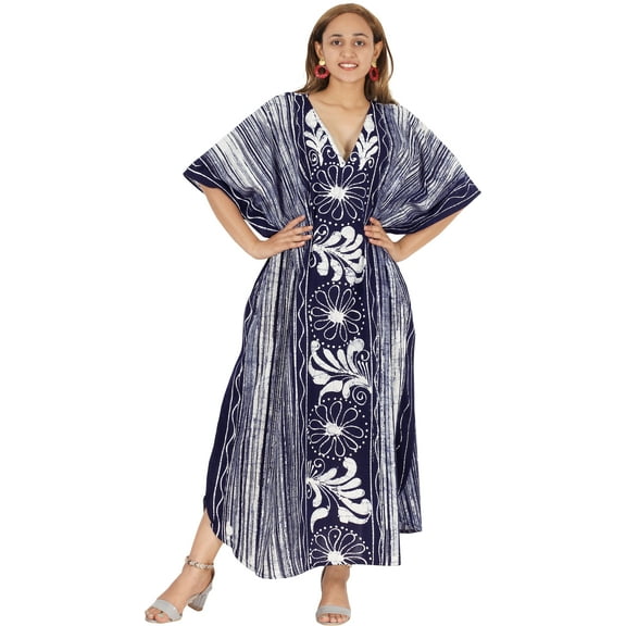 HAPPY BAY Women's Summer Loose Caftan Long Night Evening Gown Loungewear Dashiki House Dresses for Women 2X-3X Indigo, Floral