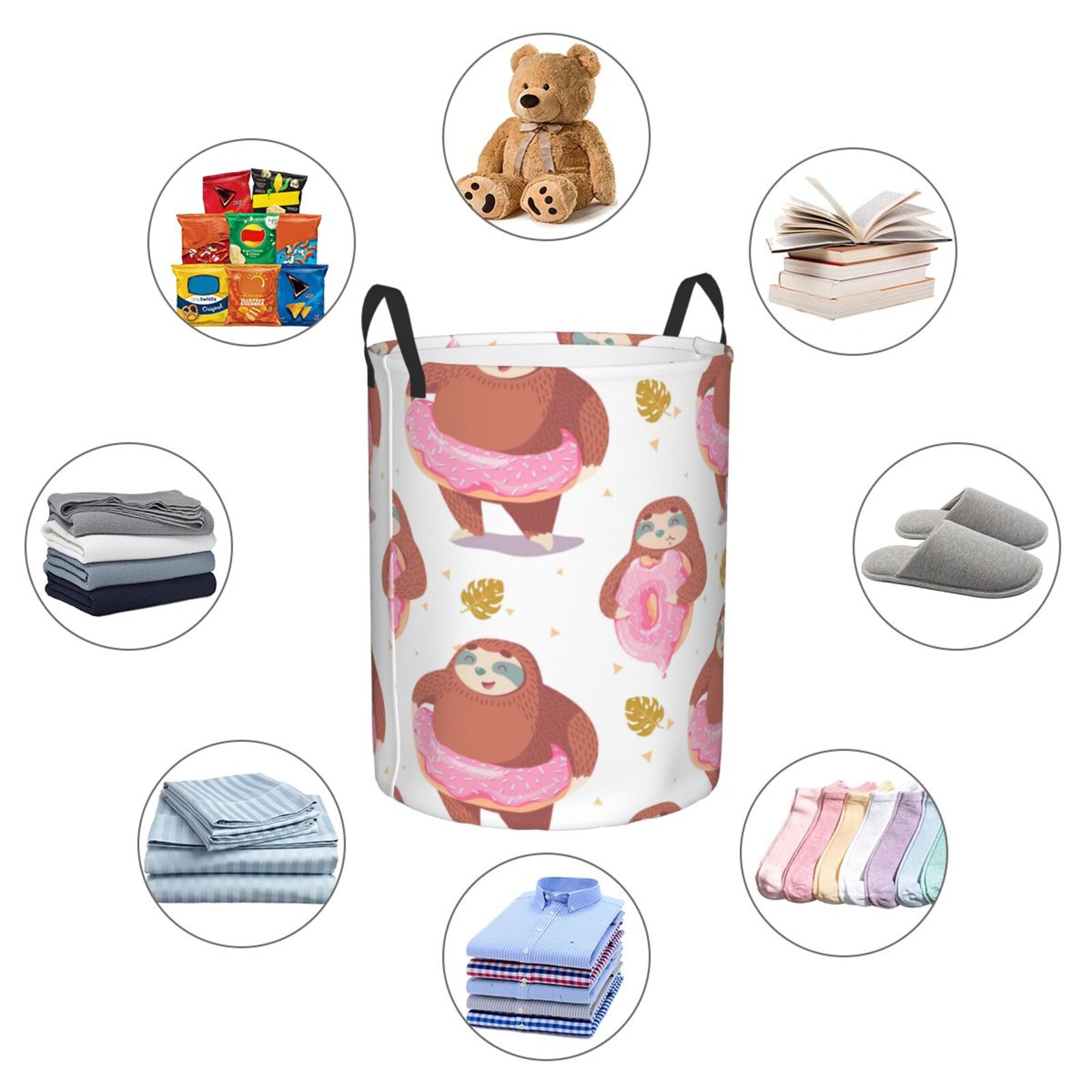 Large Laundry Basket with Handles - Sloth with Donuts1 Kids Baby Dirty Clothes Laundry Hamper for Bedroom Aesthetic