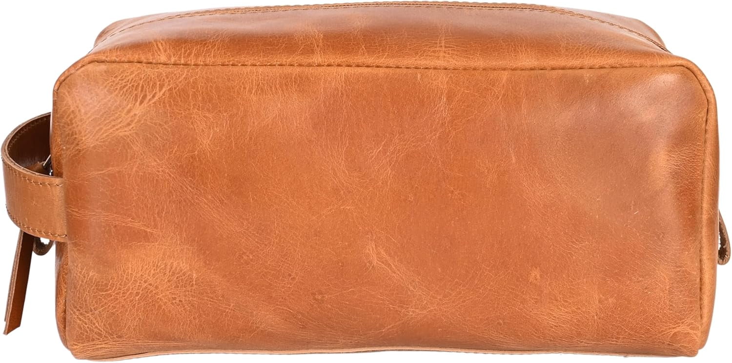 RusticVintage Genuine Leather Toiletry Bag, Cosmetic Case, Classy Dopp Kit For Man Shaving Kit Organizer Travel Kit Pouch Bridesmaid Gifts Hanging Toiletry Case, Makeup Bag - Large Size (Tan)