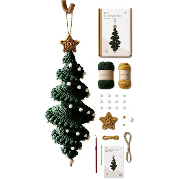 Crochet Christmas Spiral Ornaments DIY Kit,Beginner Friendly Christmas Spiral Tree Decor Craft Set with Soft Yarn, Snowflake Beads, Festive Holiday Gift for Adults