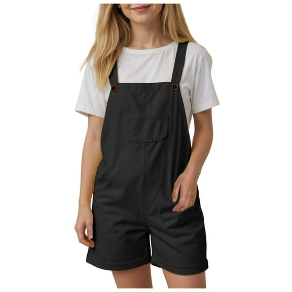Zanarzt Girls Summer Jumpsuits Girls Summer Comfortable and Breathable Solid Color Casual Overall Black,7-8 Years