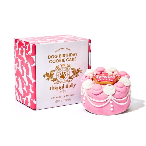 Thoughtfully Pink Princess Dog Birthday Cake, Peanut Butter Flavored Mini Cookie Cake Treat, Hand Decorated Hollow Biscuit Cake