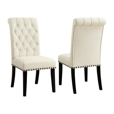 Set of 2 Tufted Upholstered Dining Chairs, Fabric Dining Room Chair with Nailhead, Wood Legs, Mid Century Luxury Style Dining Chairs for Living Room, Bedroom, Kitchen, Beige