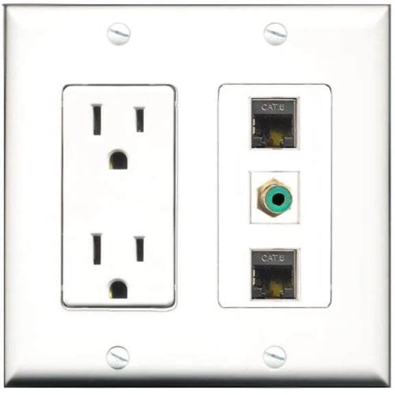 RiteAV - 15 Amp Power Outlet 1 Port RCA Green 2 Port Shielded Cat6 Ethernet Ethernet Decorative Wall Plate
