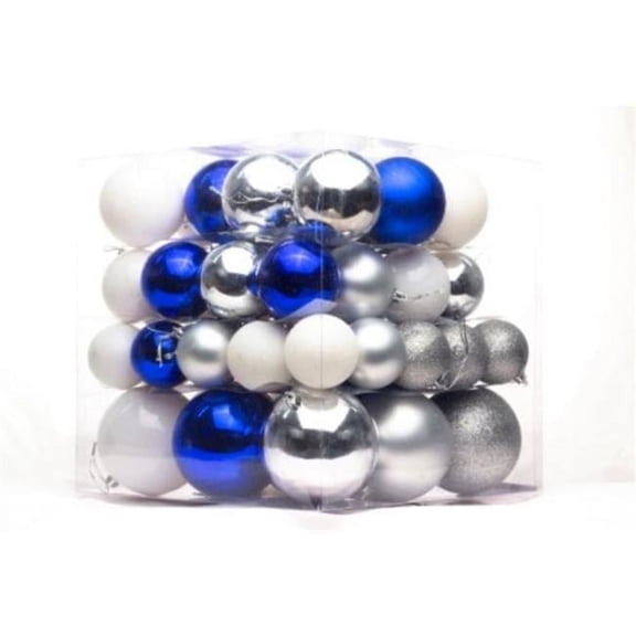 62 Pack of Blue, Silver, and White Assorted Ball Ornaments