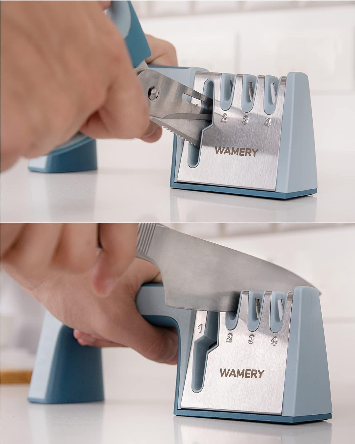 Knife & Scissors Sharpener, 4-Stage Pull-Through with Scissors Slot, Diamond & Ceramic Stages, Non-Slip Base, Ergonomic Handle - Restores Straight & Lightly Serrated Edges