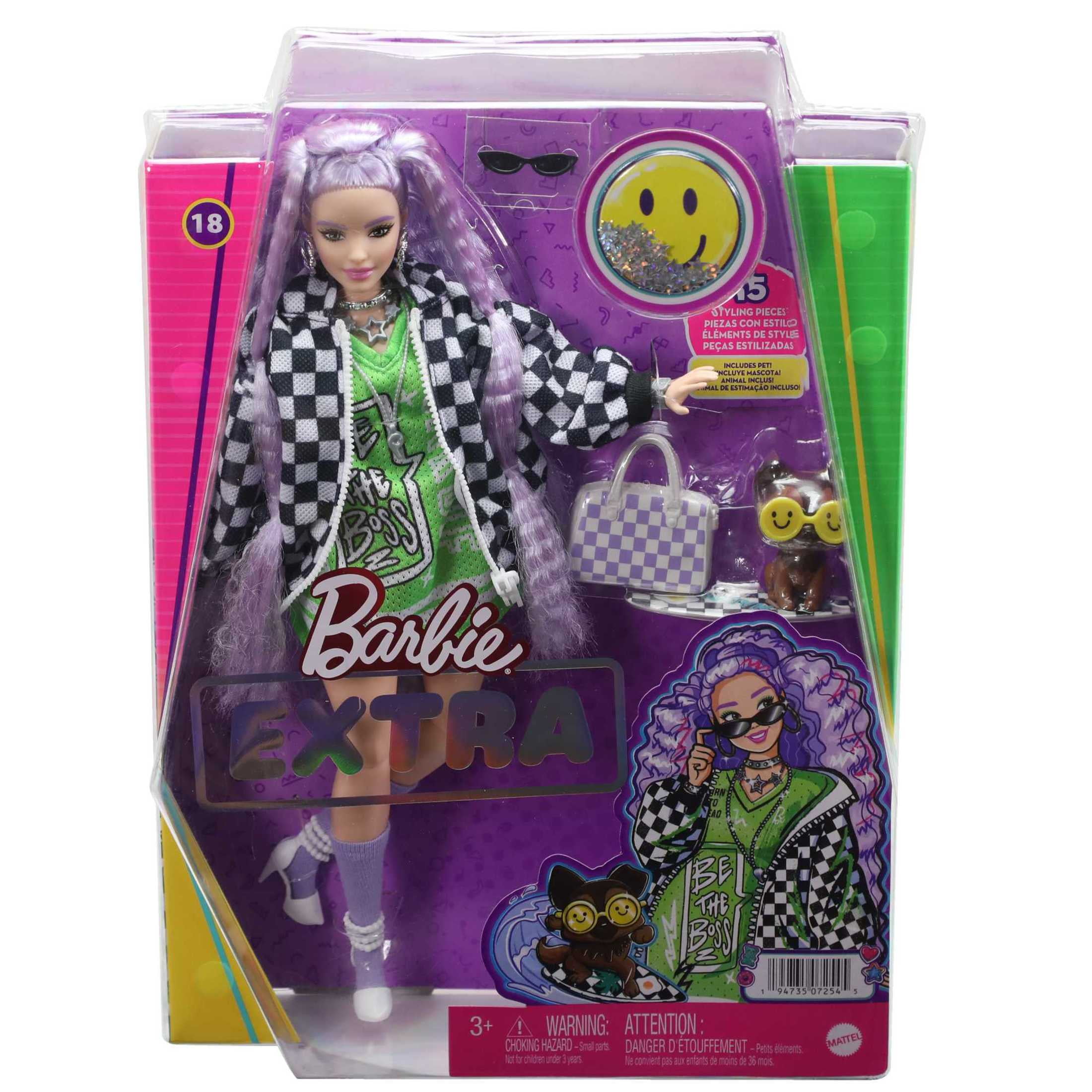 Barbie Extra Fashion Doll with Lavender Hair & Brown Eyes in Checkered Jacket with Accessories & Pet