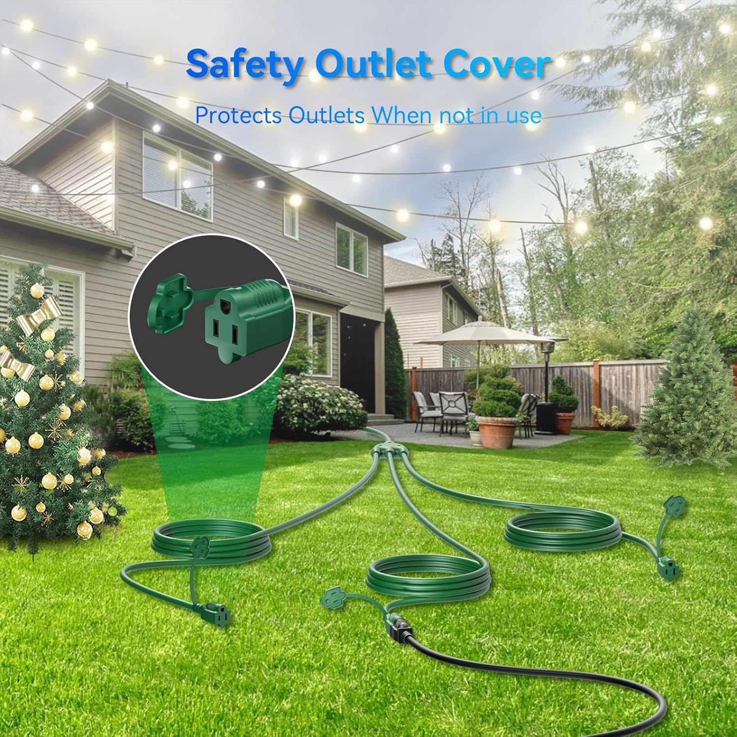 - 40 FT Christmas Lights Outdoor Extension Cord 1 to 3 Splitter, 3 Prong Outlets Plugs, 16AWG/3C SJTW Weatherproof Wire for Holiday Decoration Light, ETL Listed, Green