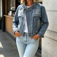 thumbnail image 4 of Sheghy Denim Jacket for Women Solid Stand Collar Button Long Sleeve Casual Navy M, 4 of 6