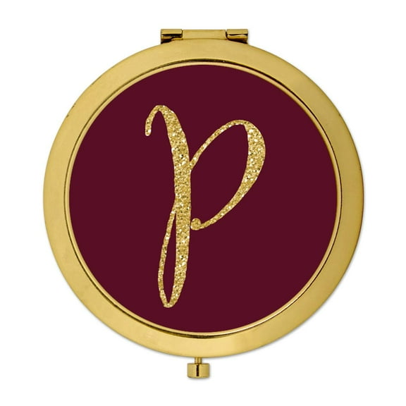 Koyal Wholesale Gold Compact Mirror Bridesmaid's Wedding Gift, Burgundy Maroon Jewel Tone , Monogram Letter P, 1-Pack