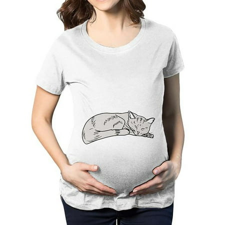 

TOTO Women O-Neck Short Sleeve Cat On Bump Print Pregnancy Maternity Loose Top Tee