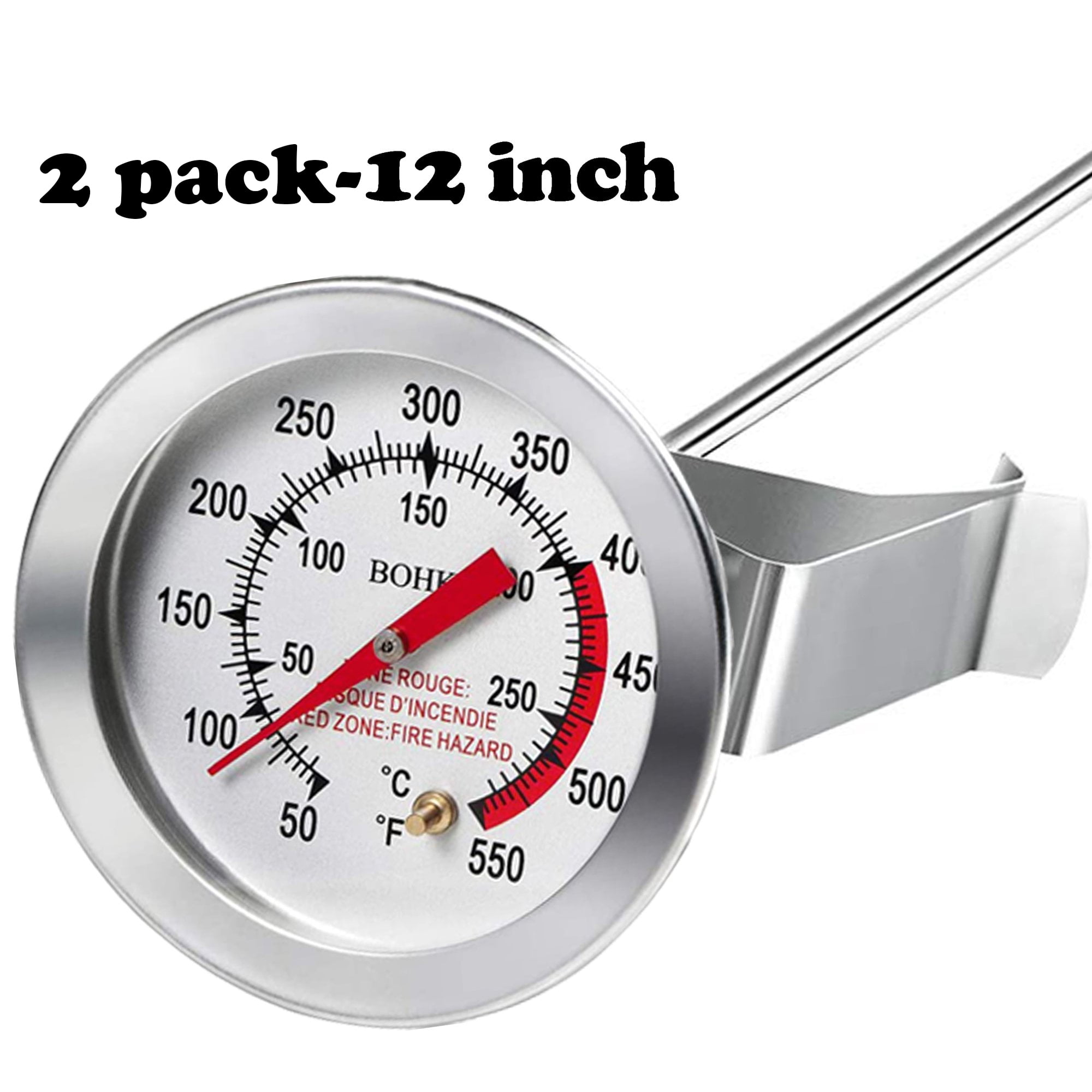 2 Pack x 12 Mechanical Meat Thermometer Instant Read, Long Stem,  Waterproof, No Battery Required, Stainless Steel Deep Fry Thermometer for  Turkey, BBQ, Grill 