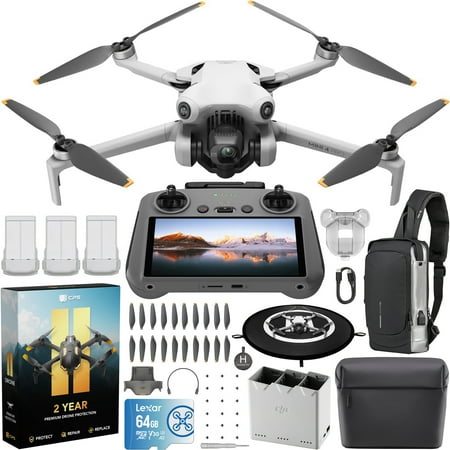 DJI Mini 4 Pro Folding Drone with RC 2 Remote (With Screen) Fly More Combo Plus, 4K, Under 249g, Omnidirectional Sensing, 3 Plus Batteries + 2 Year CPS Extended Warranty & Voyager Accessories Bundle