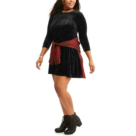 Junior's Plus Elbow Sleeve Crushed Velvet Swing Dress