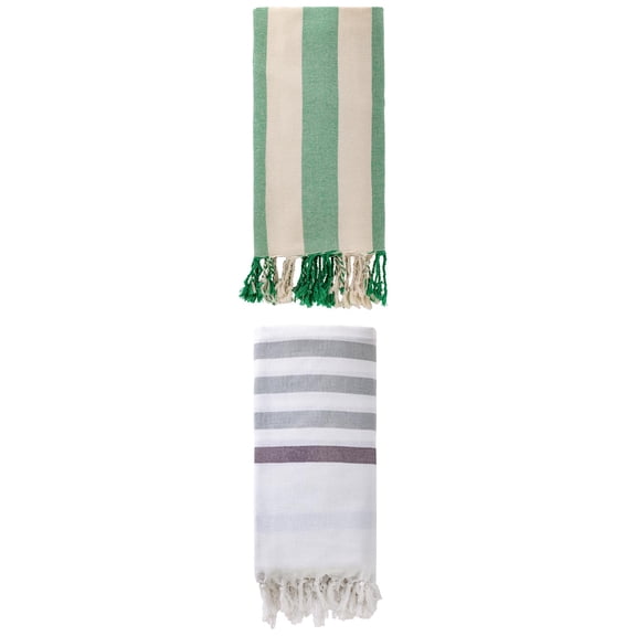 Unique Bargains 2 Pack Turkish Style Striped Fringe Trim Beach Towel Blue/Green 71"x40"