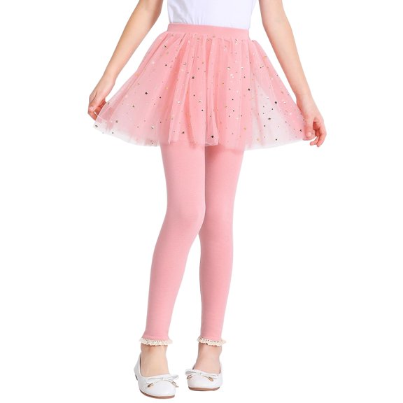 Ruyang Toddler Girls Leggings Star Sequin Decor Mesh Tulle Skirt Leggings Kids Elastic Waist Dance Skirt Pants School Performance Trousers