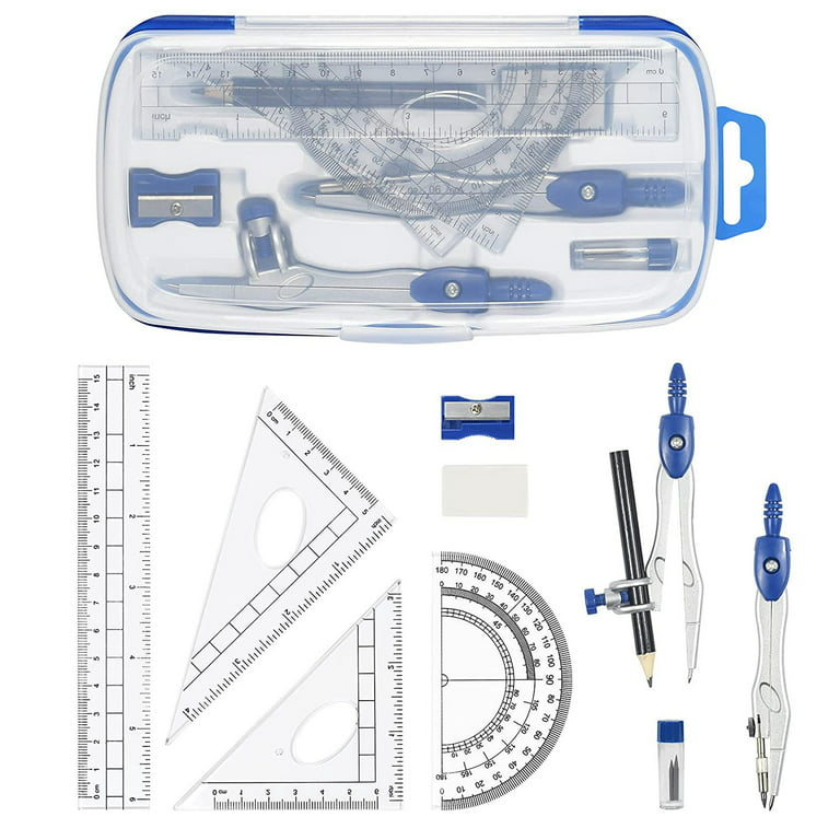 Winyuyby 10 Piece Math Geometry Kit Sets Student Supplies for Drafting and Drawings with Shatterproof Storage Box, Blue