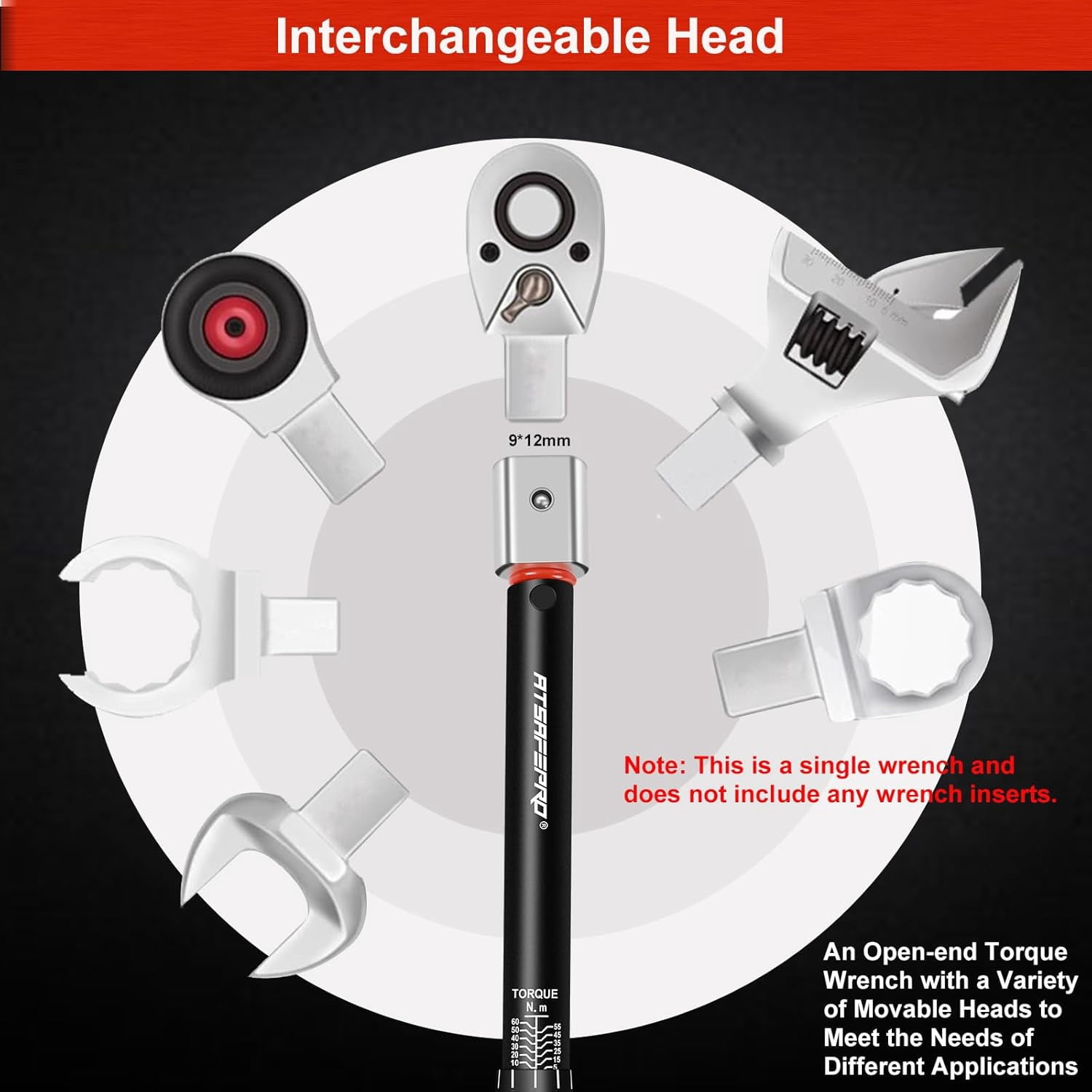 ATsafepro Adjustable Torque Wrench 5-60 Nm, 9×12mm Open End Torque Wrench, Interchangeable Torque Wrench for HVAC Mini Split,Refrigeration System,Bike Motorcycle and Car Maintenance