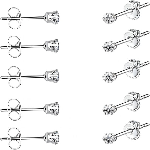 DESIGNICE 5/10 Pairs Silver Gold Stud Earrings Set,14K Gold Plated 316L Surgical Stainless Steel Hypoallergenic Cubic Zirconia Small Piercing Earring for Women Men 3 Mm
