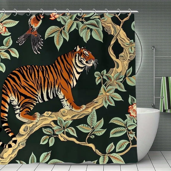 Black Chinoiserie Tiger Shower Curtain 70.8x70.8 Inch,Bathroom Shower Curtain,Home Waterproof Fabric Shower Curtain Bathtub Decor with Hooks