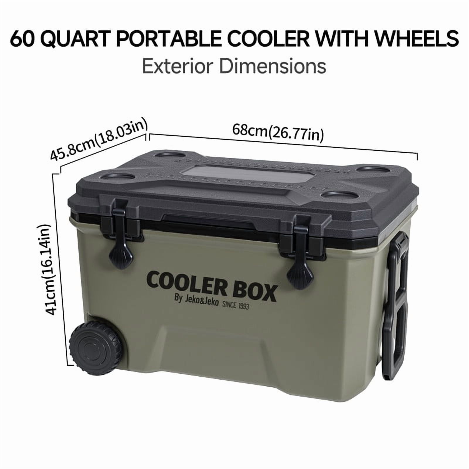 JEKO&JEKO 60QT Rolling Cooler with Wheels, Ice Packs, Cup Holders, Bottle Opener & Drain Plug, Portable Hard Cooler for Camping, Fishing, Beach, Picnic (Black & Gray)