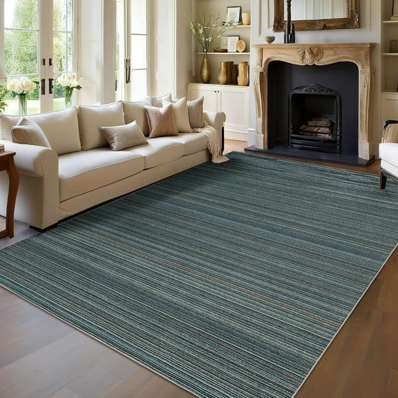 Garvee 5'x7' Modern Stripe Area Rug, Washable Neutral Printed Carpet with Non Slip Rubber Backing, Stain Resistant Accent Floor Carpet for Living Room, Bedroom, Home Office, Blue