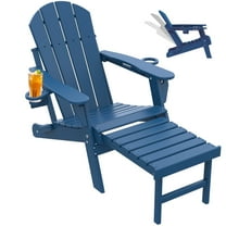 FODINGHILL Folding Adirondack Chair with Ottoman, Adjustable Backrest HDPE All-Weather Firepit Chair with Cup Holder, Blue