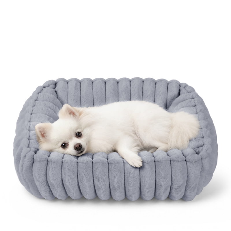 Exclusivo Mezcla Ribbed Plush Cuddler Dog Bed, 20"×16" Calming Pet Bed with Non-Slip Bottom for Small Dogs, Light Grey