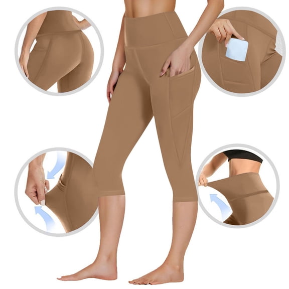 Sevevn Capri Leggings for Women High Waisted Capri Leggings with Pockets for Women Tummy Control Yoga Pants Women Khaki L