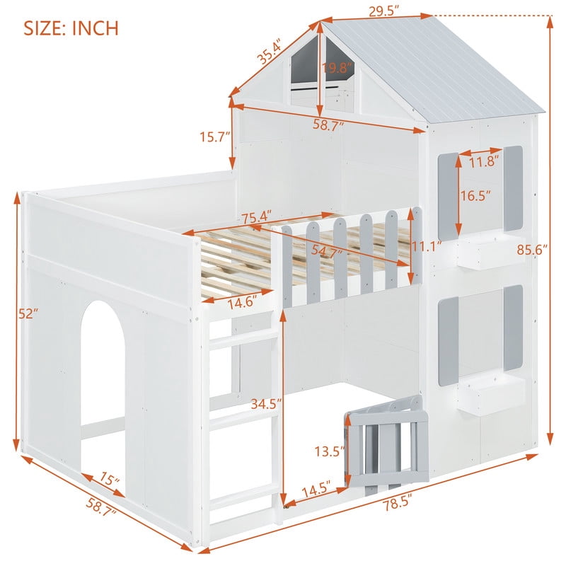 Full over Full House-Shaped Bunk Bed with Roof and Window, Kids/Teens Playful Designed Bed Frame with Fence and LED Light
