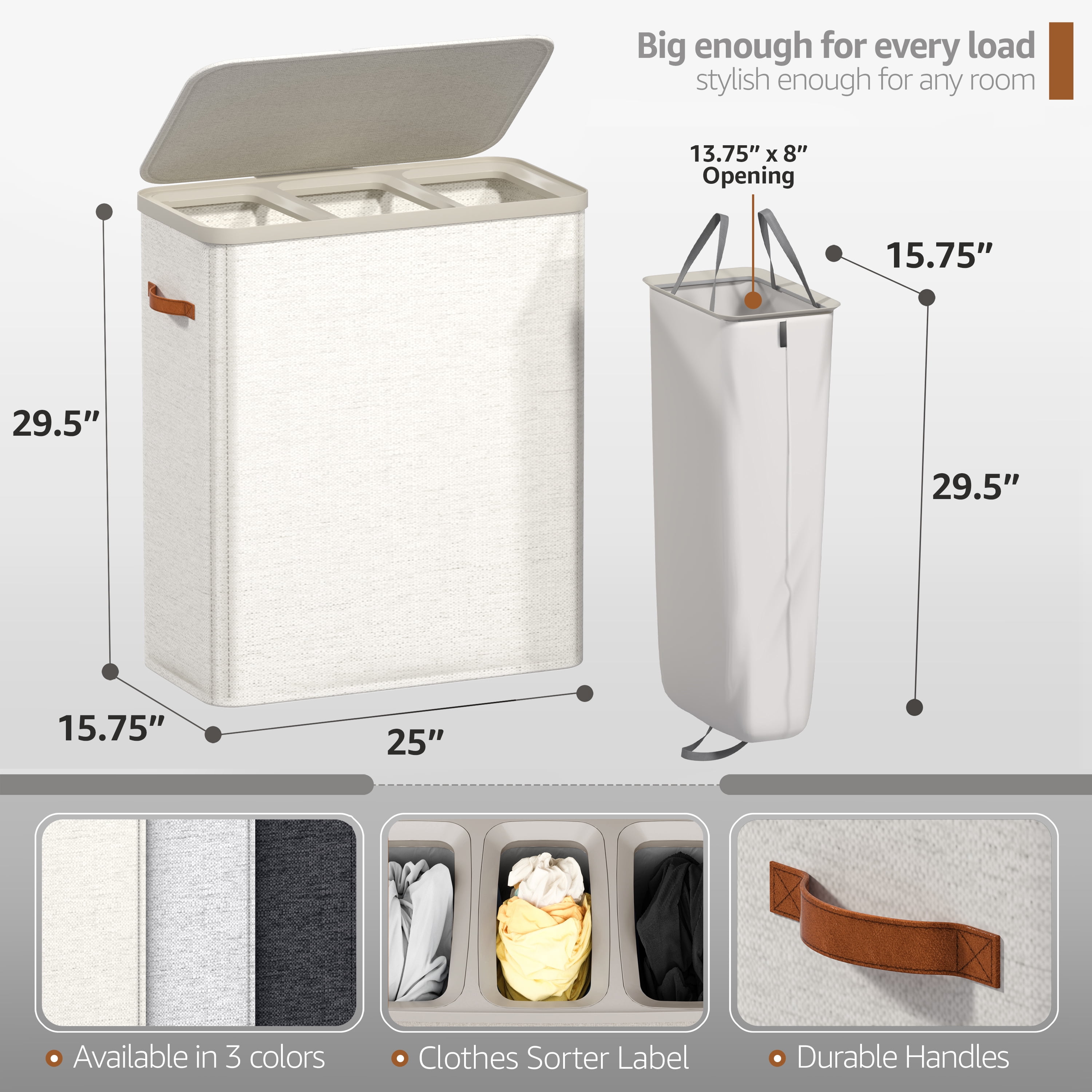 Sorbus Collapsible Fabric Laundry Hamper with Removable Bag, 3 Compartment, Beige